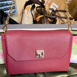 MCM Pebbled Leather Crossbody / Clutch – Red with Gold Hardware + Chain Strap